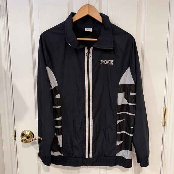 Victoria’s Secret PINK Blue White Colorblock Logo Sleeve Run Windbreaker Jacket - Picture 1 of 8